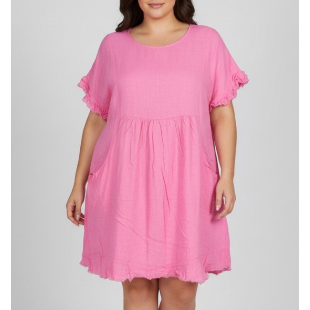 BAD LITTLE COUNTRY GIRL Pink LINEN BLEND Raw Hem POCKETS Tank A-LINE DRESS Sz 1X